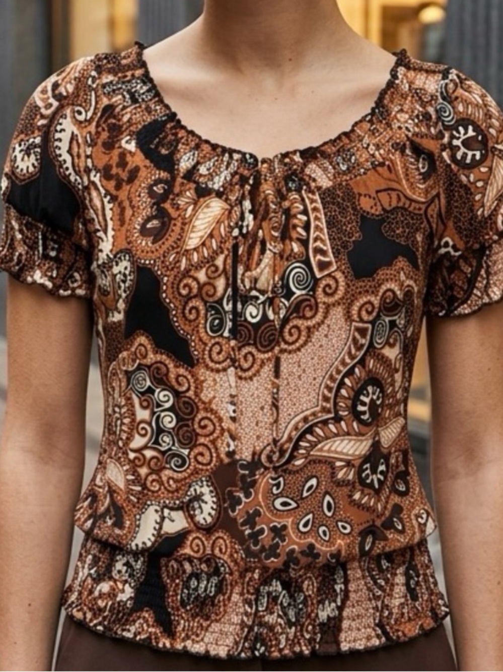 NWT Brown Paisley Smocked Short-Sleeve Peasant Blouse